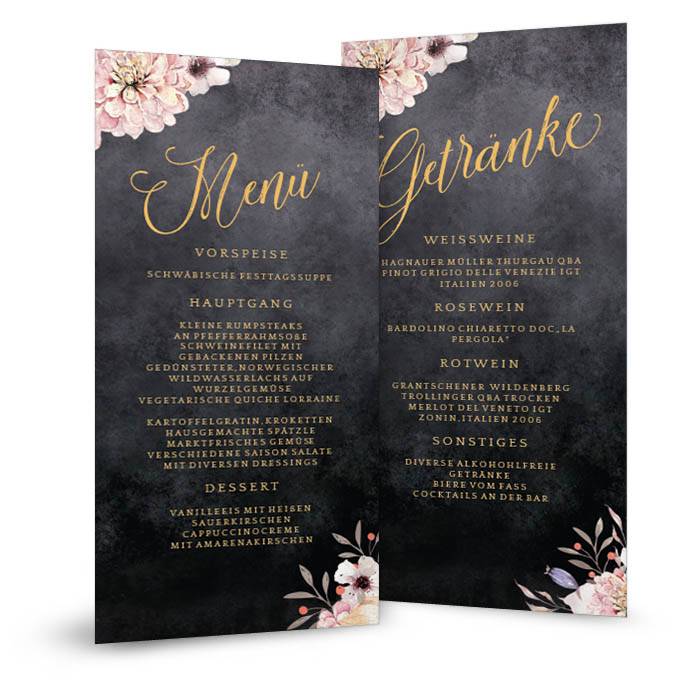 Edle Menükarte zur Hochzeit in Schieferoptik mit Blumen ...