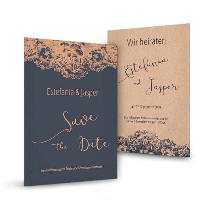 Save the Date Karte in Dunkelblau mit Blumen in Kupfer ...